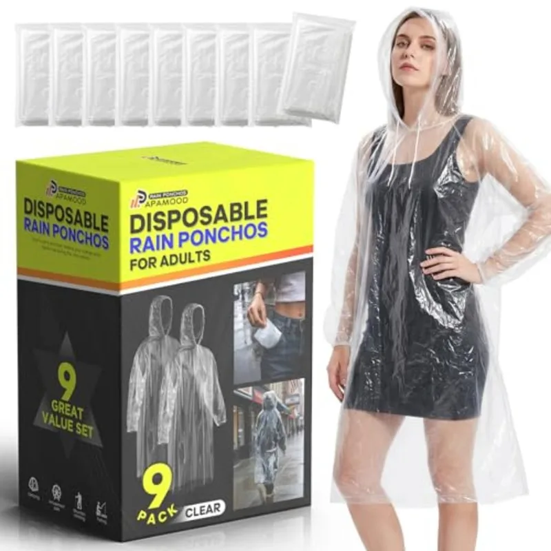Emergency Poncho Rain - Einweg-Regenponchos, 6er/9er Familienpack für Erwachsene, Notfall-Regenmantel