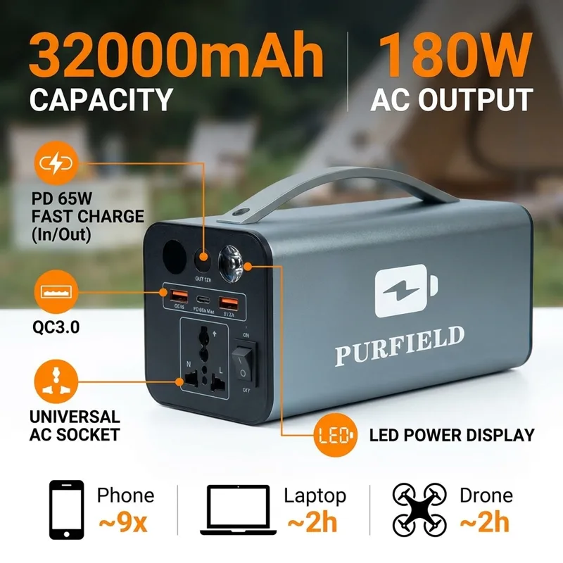 Solar Emergency Charger - 180W Outdoor-Powerstation 32000mAh 118,4Wh PD65W 110/220V