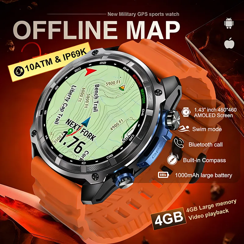 Compass Lensatic - 2026 Militärische GPS-Smartwatch mit Offline-Karte, 4GB